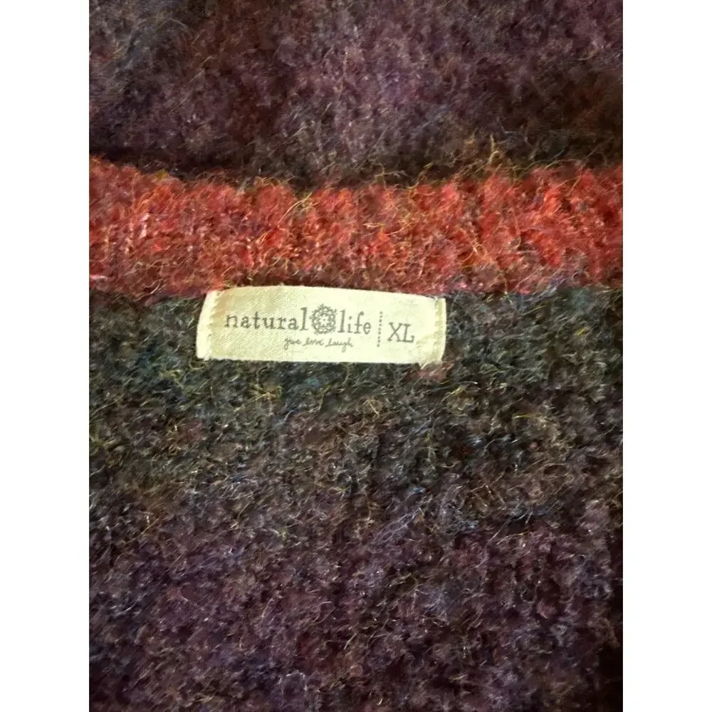 Natural Life XL Fuzzy Striped V-Neck Sweater Boho Cozy Soft Oversized